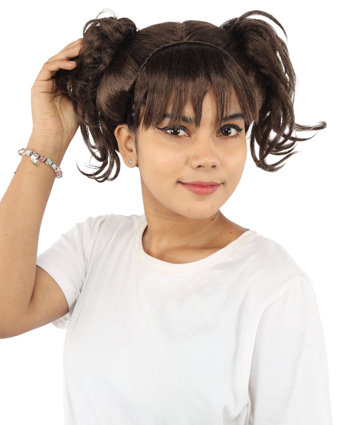 HPO Adult Women’s Messy Twin Bun Wig with Graphic Bangs | Multiple Color Options | Edgy Wig for Cosplay, Fashion Events, Halloween & Stage Wear | Adjustable Cap, Lightweight Synthetic Fiber