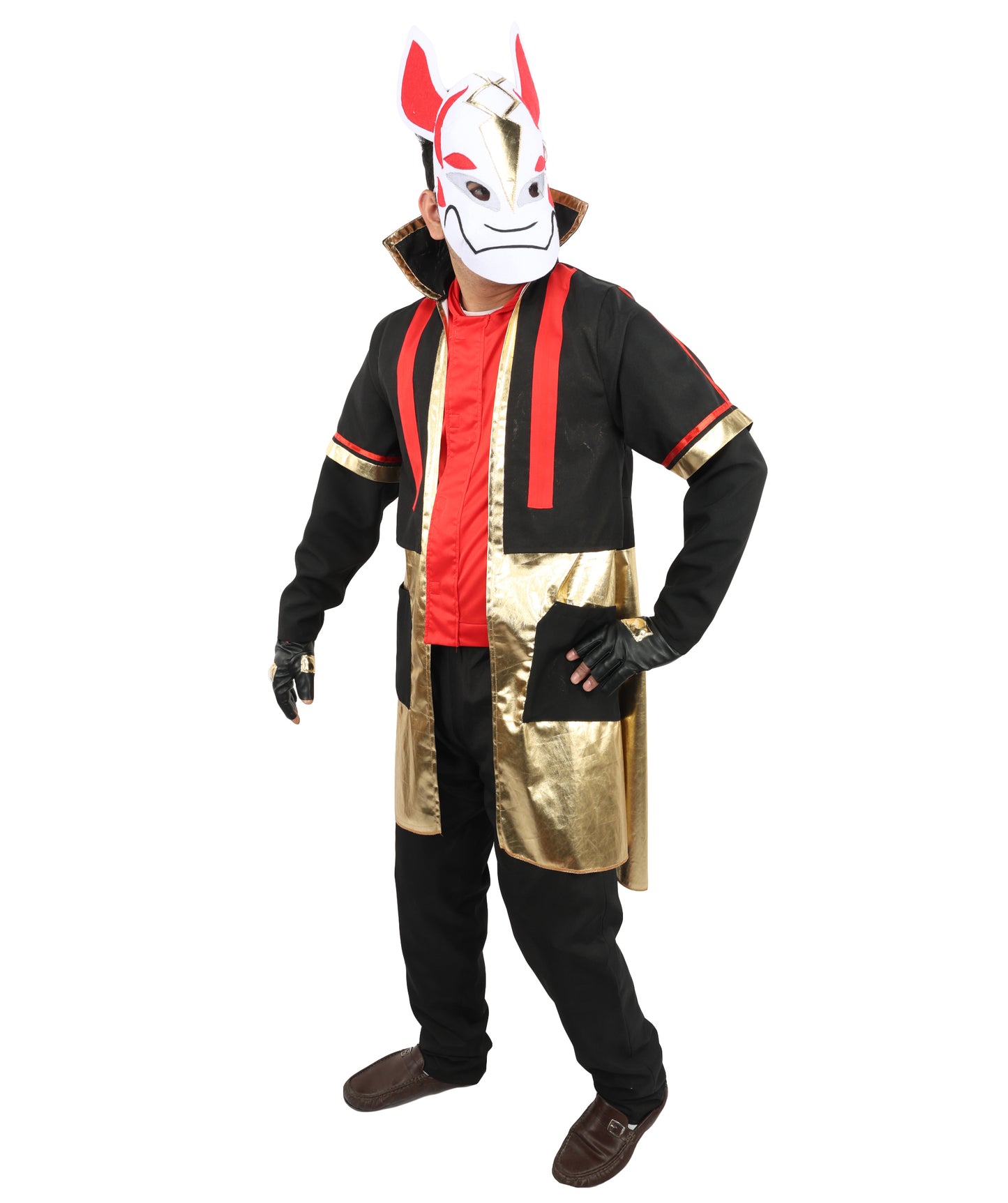 HPO Men's Neon Fox Streetwear Outfit | Multi-Layered Gold Satin and Ronior Fabric with Fox Mask and Gloves | Ideal for Cosplay, Halloween, Drag, and Urban Theater Performances