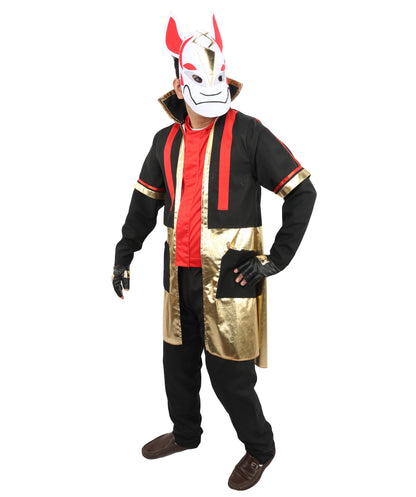 HPO Men's Neon Fox Streetwear Outfit | Multi-Layered Gold Satin and Ronior Fabric with Fox Mask and Gloves | Ideal for Cosplay, Halloween, Drag, and Urban Theater Performances