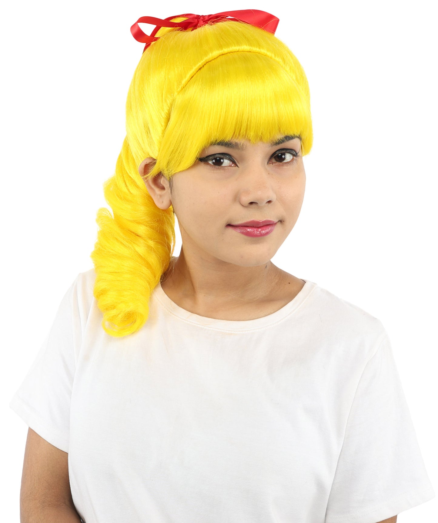 HPO Women's Spiral Ponytail Wig | Multicolor Options | High Updo with Red Ribbon Bow & Bangs, Heat Friendly Synthetic Fiber & Breathable Cap | Halloween, Christmas Event, Themed Party, Theater & Roleplay