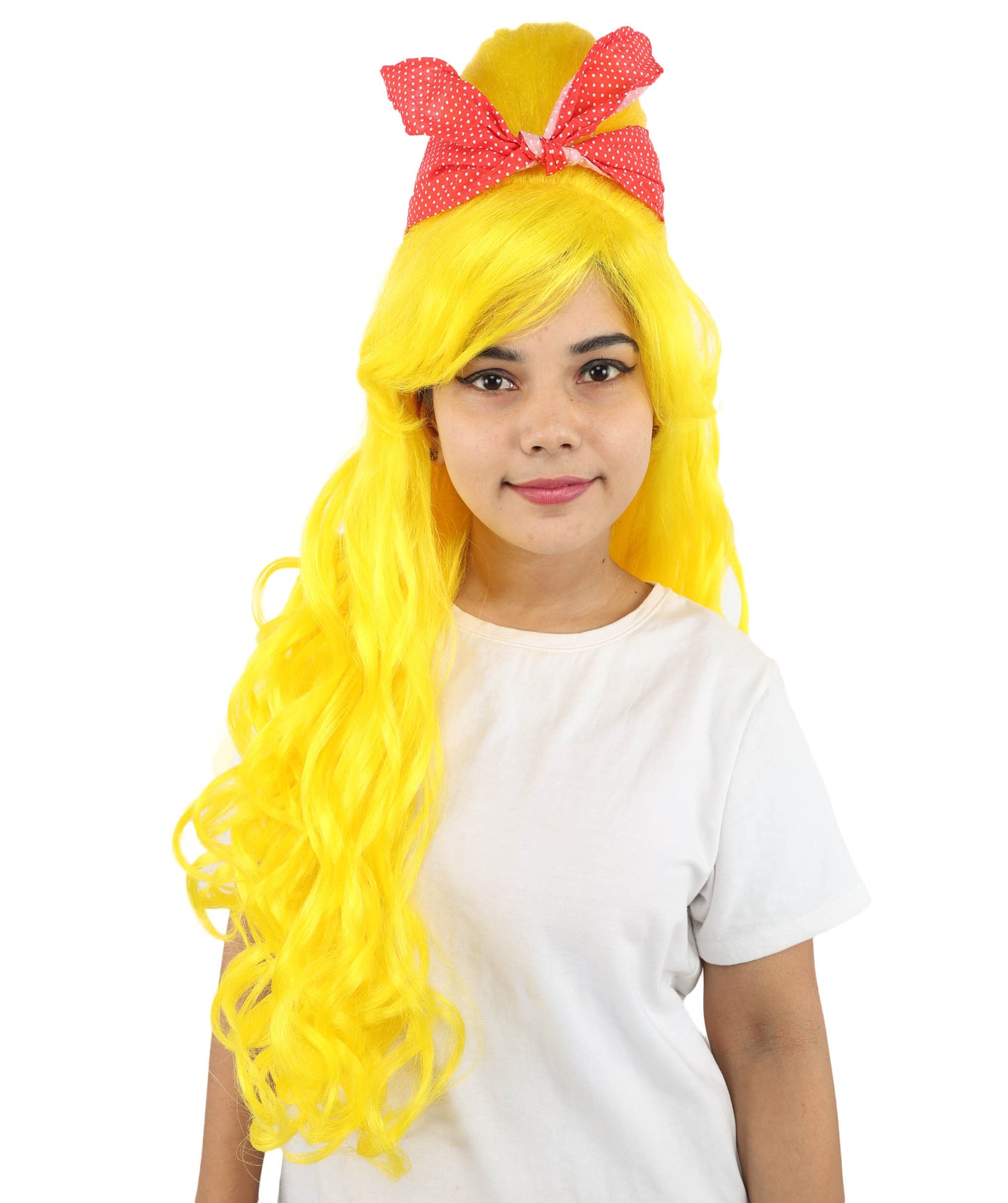 HPO Women’s Retro Beehive Wig with Red Bow | Multicolor Options | Extra Long Wavy Fancy Dress Accessory | Fancy Dress Accessory | Celebrity-Inspired Hair for Halloween, Cosplay & Music Tribute Parties