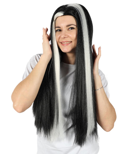 Women’s Extra Long Straight Black and White Widow’s Peak Wig with Center Part | High-Volume Hairpiece for Halloween, Cosplay & Gothic Character Looks