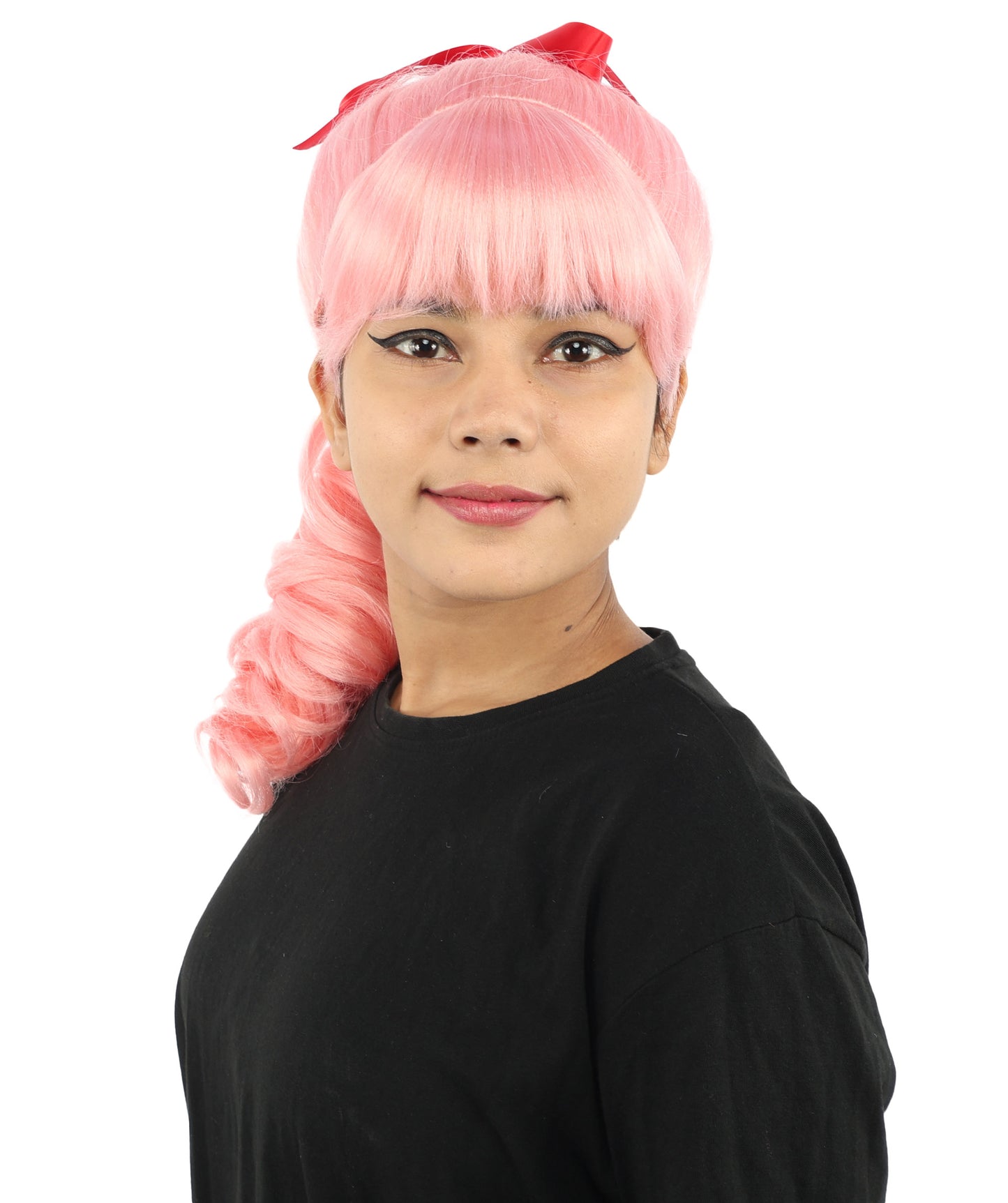 HPO Women's Spiral Ponytail Wig | Multicolor Options | High Updo with Red Ribbon Bow & Bangs, Heat Friendly Synthetic Fiber & Breathable Cap | Halloween, Christmas Event, Themed Party, Theater & Roleplay