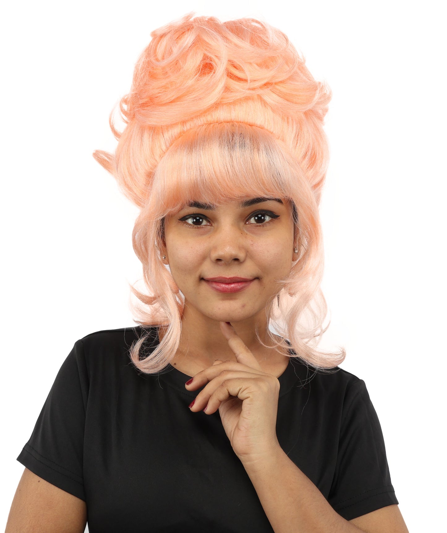HPO Women's Elegant Updo Tendril Pink Wig | Pastel peach hue, create of synthetic fiber, high teased volume with face-framing strands, breathable capless cap | Party, Halloween, theater, drag, performance, costume events
