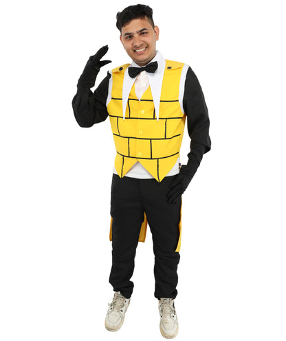 HPO Men's Yellow Black White Brick Demon Costume | Tailcoat Suit with Eye Symbol on Back and Bow Tie | Ideal for Halloween, Theater, Drag, and Mystery Events