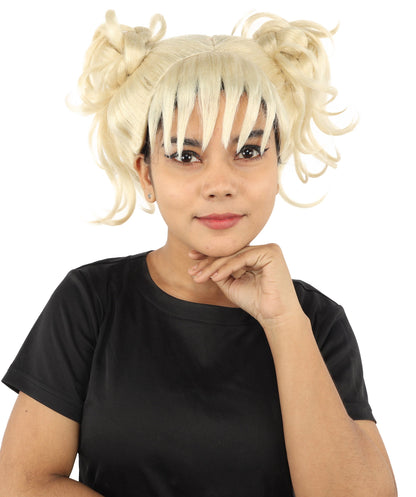 HPO Adult Women’s Messy Twin Bun Wig with Graphic Bangs | Multiple Color Options | Edgy Wig for Cosplay, Fashion Events, Halloween & Stage Wear | Adjustable Cap, Lightweight Synthetic Fiber
