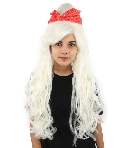 HPO Women’s Retro Beehive Wig with Red Bow | Multicolor Options | Extra Long Wavy Fancy Dress Accessory | Fancy Dress Accessory | Celebrity-Inspired Hair for Halloween, Cosplay & Music Tribute Parties