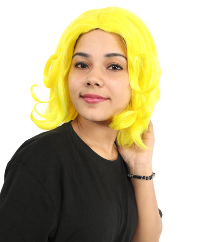 HPO Women's Wavy Bright Yellow Wig | Vibrant Synthetic Medium Hairstyle for Cosplay, Festivals, Stage Shows,  Parties & Photoshoots