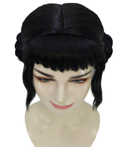 HPO Adult Women’s Popular K-Pop Demon Hunter Wig Black High Bun with Front Bangs | Halloween Wig | Futuristic Pop Star Warrior Look