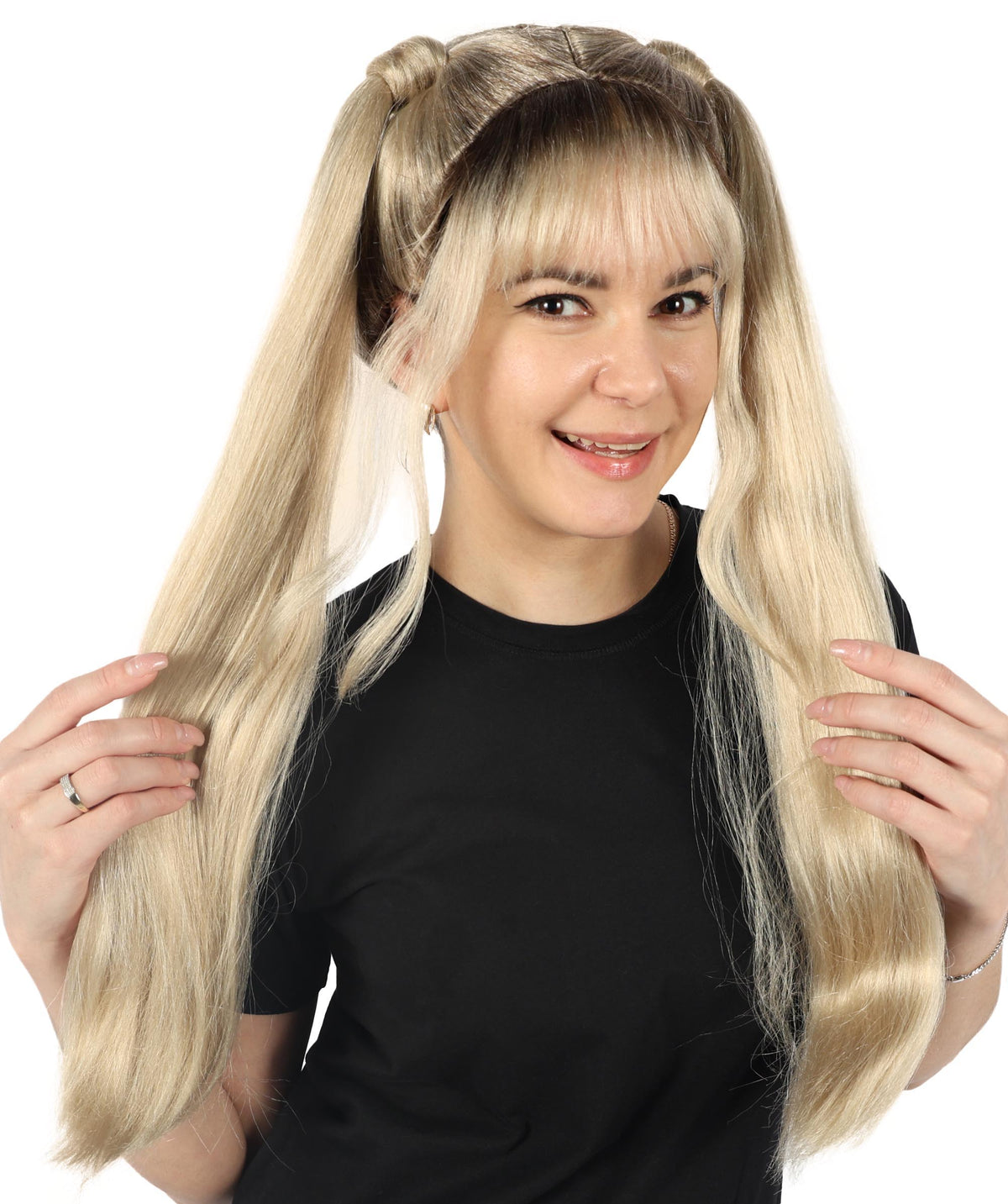 HPO Women Chic 90s Pop Star Wig Multiple Bun Style with Flirty Flair and Retro Appeal, Premium Breathable Capless Cap