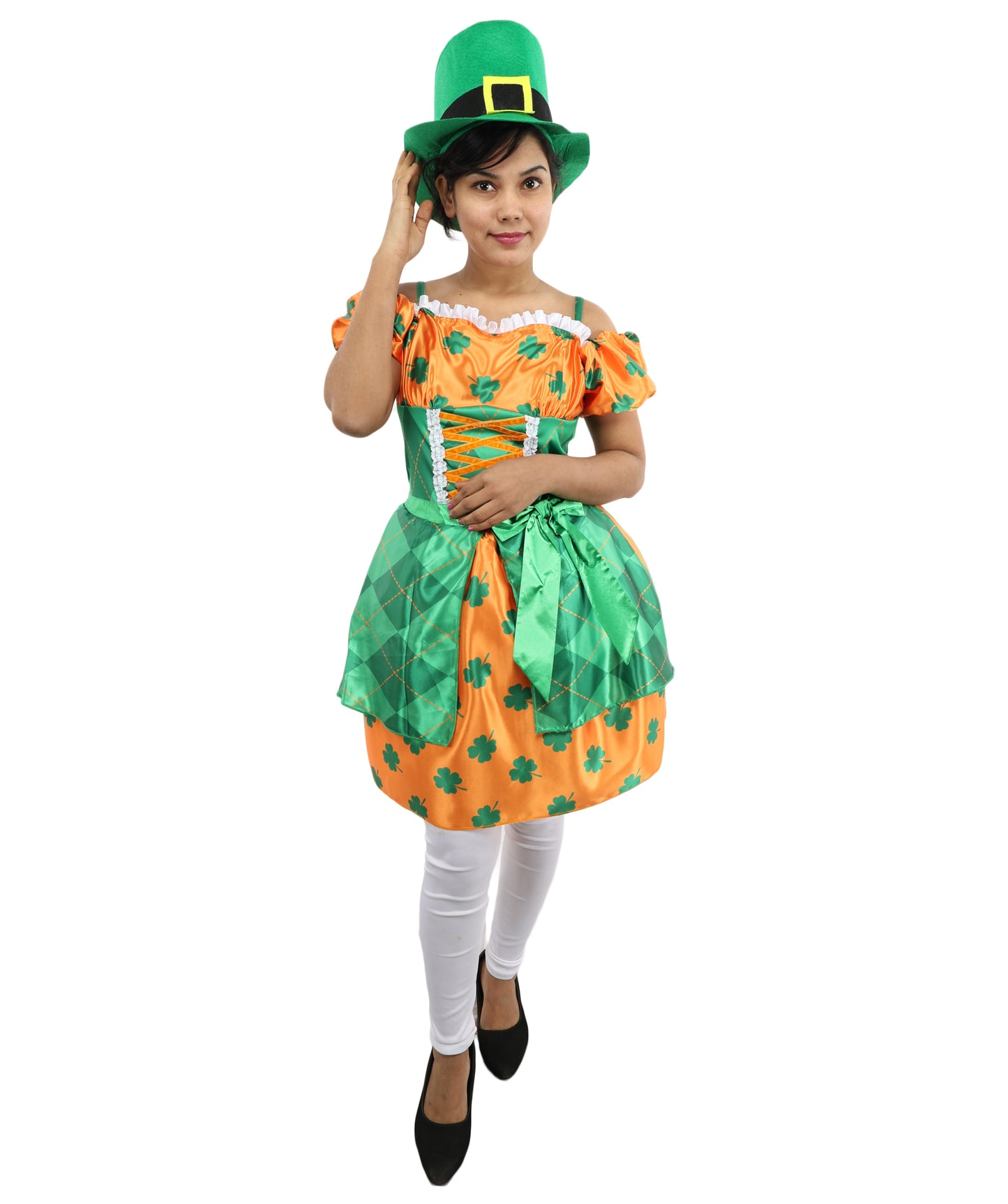 HPO Women Orange & Green Party Dress Costume with Hat | Colorful Event Outfit with Ruffle Skirt | Designed for Cosplay & Parties