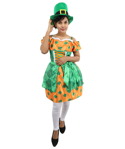 HPO Women Orange & Green Party Dress Costume with Hat | Colorful Event Outfit with Ruffle Skirt | Designed for Cosplay & Parties