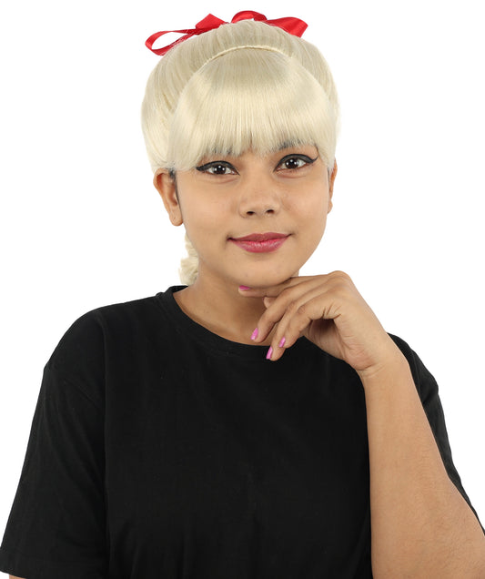 HPO Women's Spiral Ponytail Wig | Multicolor Options | High Updo with Red Ribbon Bow & Bangs, Heat Friendly Synthetic Fiber & Breathable Cap | Halloween, Christmas Event, Themed Party, Theater & Roleplay