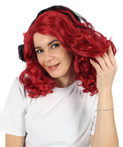 HPO Women’s Day of the Dead 17-Inch Black and Red Curly Wig with Flower | Halloween & Cosplay Wig | Flame-retardant Synthetic Fiber