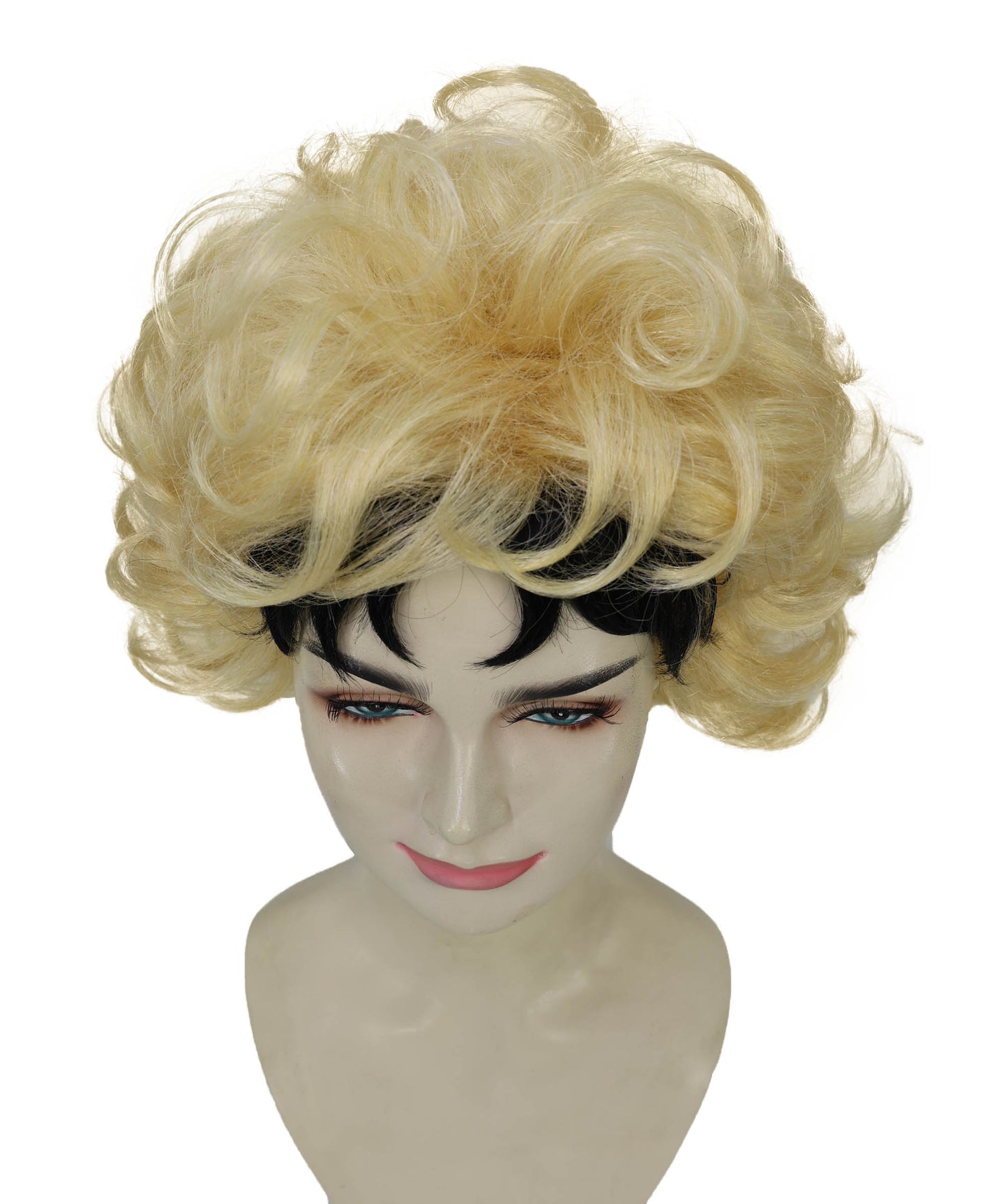 HPO Adult Women’s Golden Blonde Curly Wig with Dark Roots | High-Fashion Editorial Style | Ideal for Halloween | Breathable Capless Cap