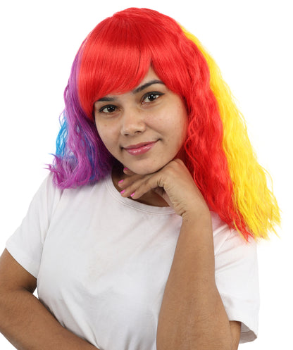 HPO Women’s 17 Inch Curly Rainbow Wig with Side Bangs—Colorful Long Hairpiece with breathable Capless Cap | Ideal for Halloween, Cosplay, Pride and Drag Shows