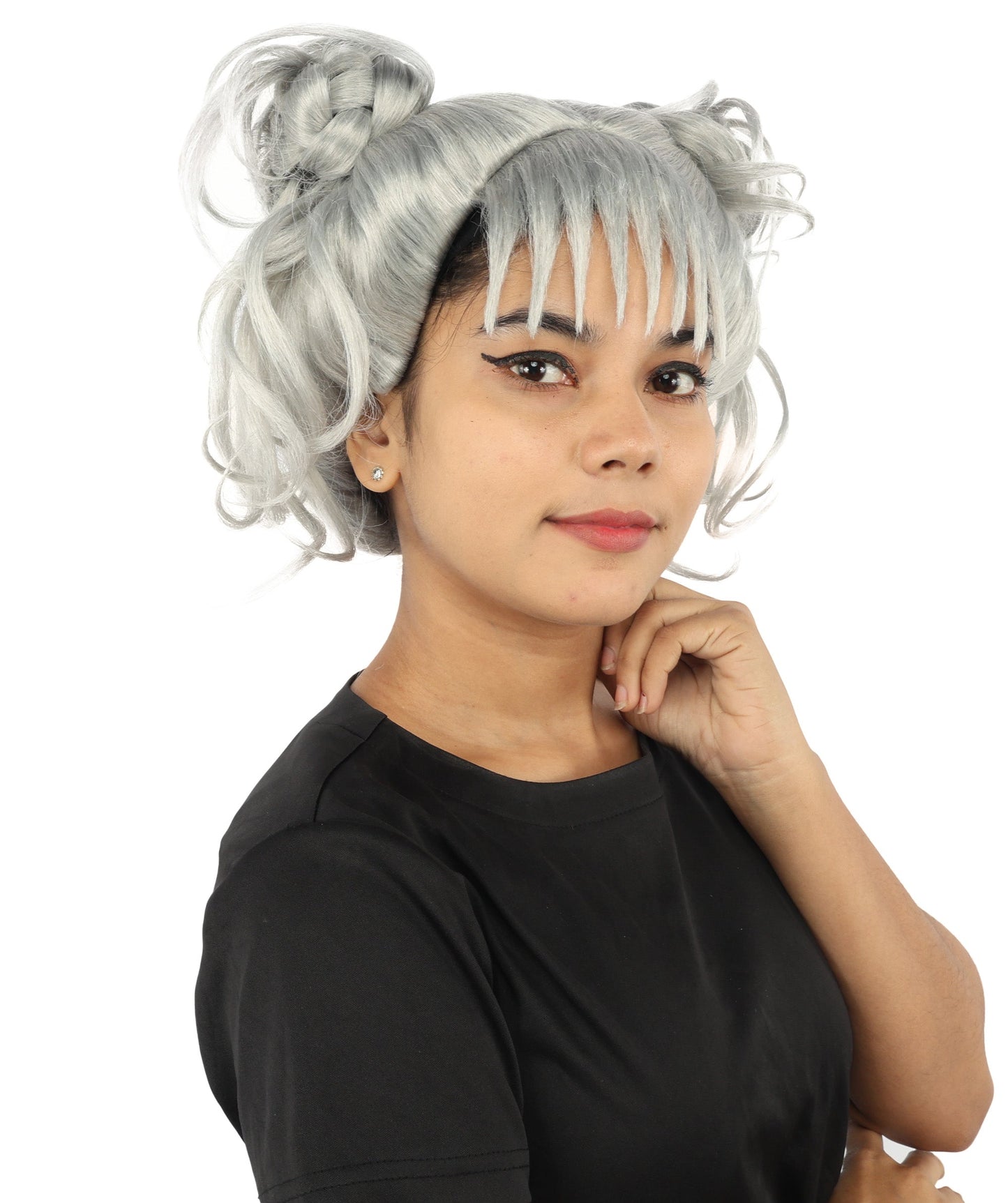 HPO Adult Women’s Messy Twin Bun Wig with Graphic Bangs | Multiple Color Options | Edgy Wig for Cosplay, Fashion Events, Halloween & Stage Wear | Adjustable Cap, Lightweight Synthetic Fiber