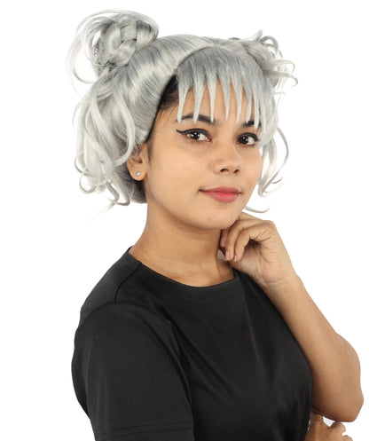 HPO Adult Women’s Messy Twin Bun Wig with Graphic Bangs | Multiple Color Options | Edgy Wig for Cosplay, Fashion Events, Halloween & Stage Wear | Adjustable Cap, Lightweight Synthetic Fiber