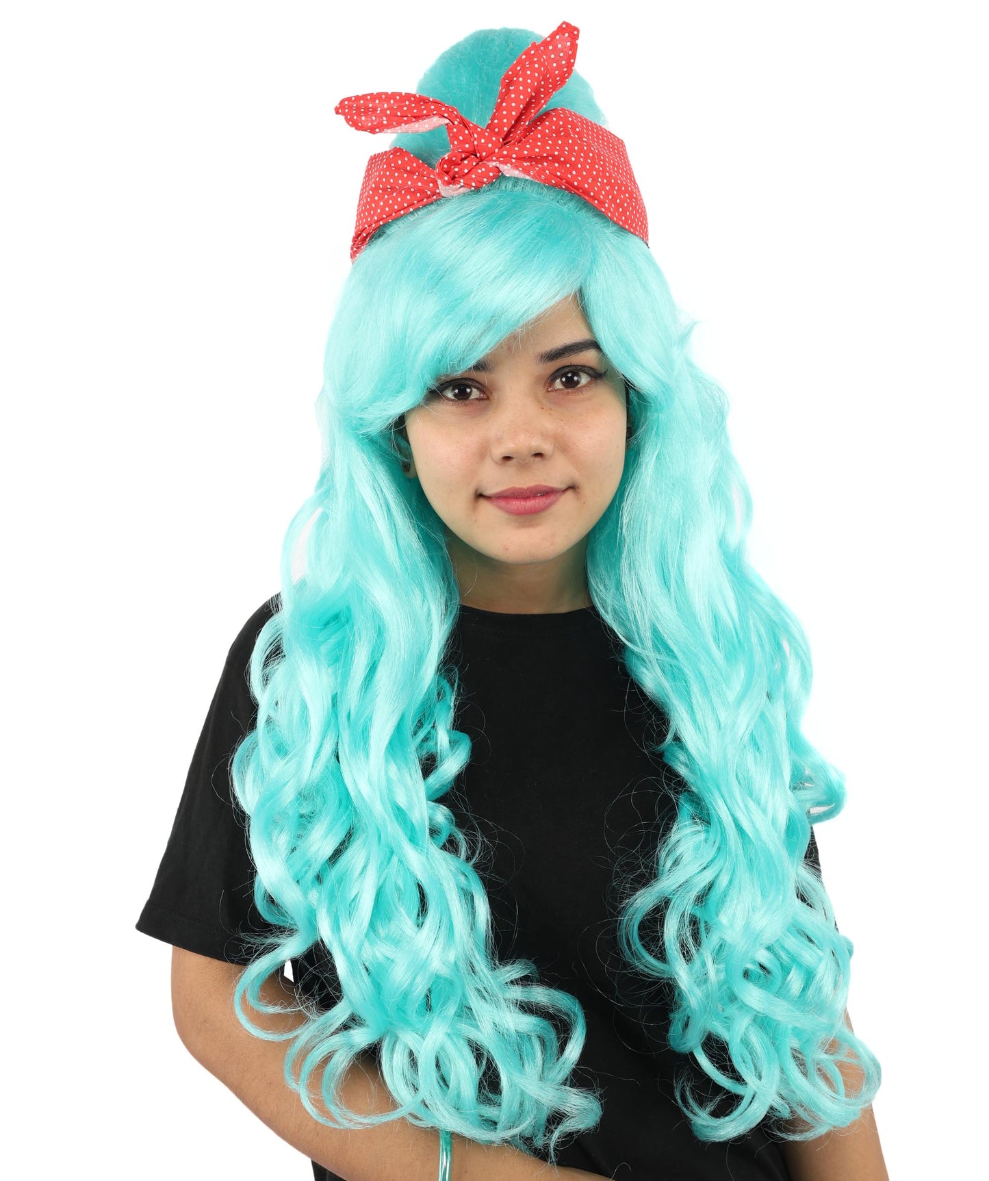 HPO Women’s Retro Beehive Wig with Red Bow | Multicolor Options | Extra Long Wavy Fancy Dress Accessory | Fancy Dress Accessory | Celebrity-Inspired Hair for Halloween, Cosplay & Music Tribute Parties