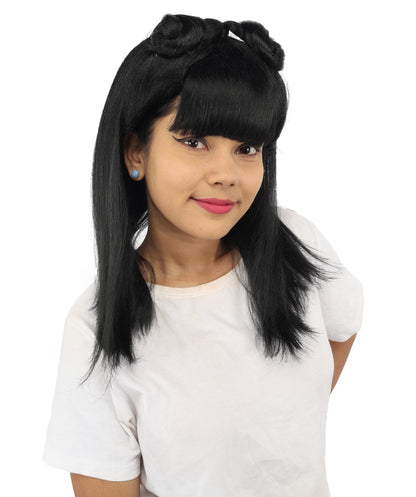 HPO Women's Brown & Pink Half Updo Bangs Wig | Create of synthetic fiber, blunt fringe with top bow, breathable base | Party, Halloween, theater, drag, performance, costume events