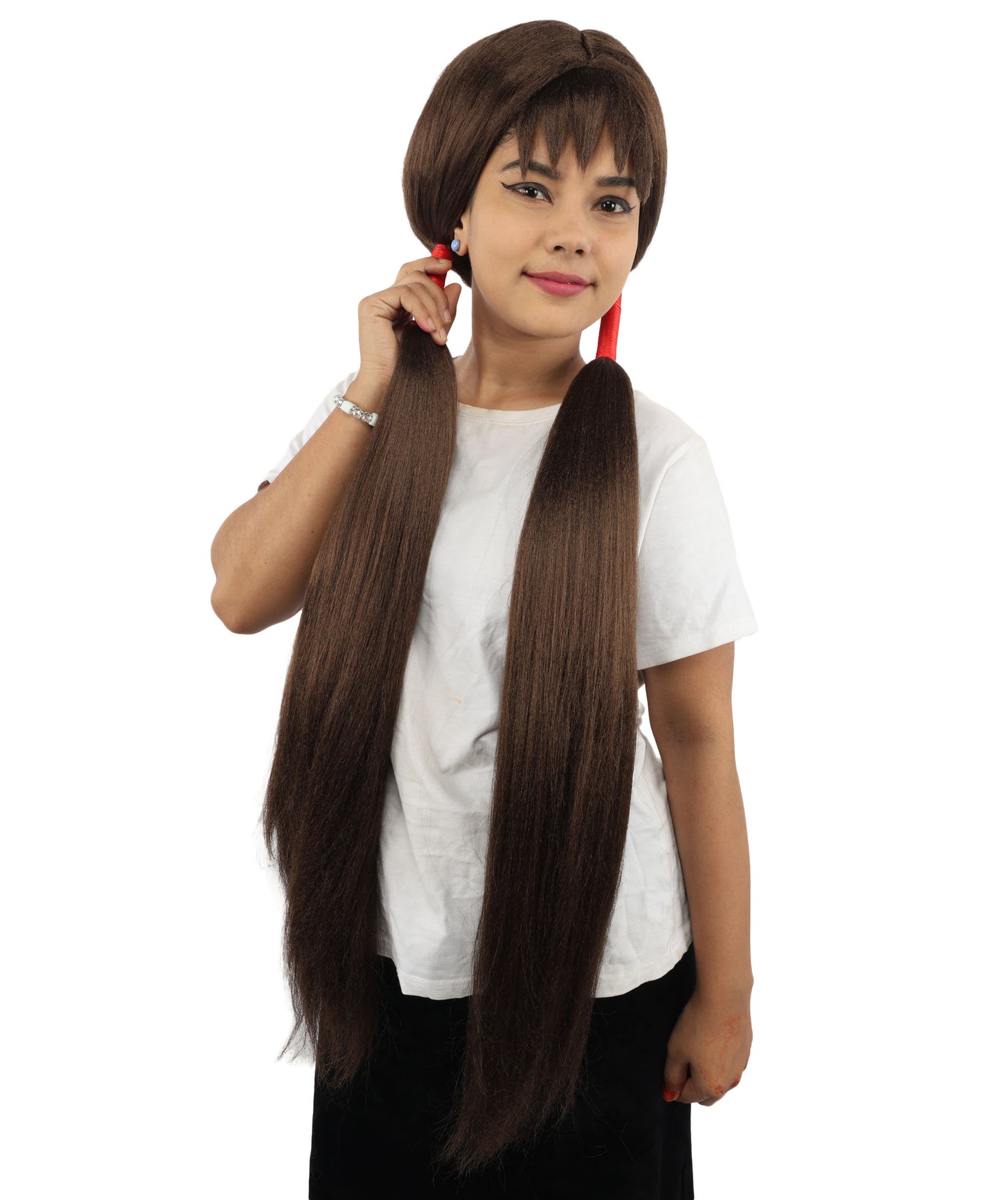 HPO Women's Extra Long Pigtail Wig | Multicolor Options | Floor Length Straight Twin Tails with Bangs, Heat Friendly Synthetic Fiber & Adjustable Cap | Halloween, Fairy Roleplay, Magical Girl Theme, Theater & Carnival