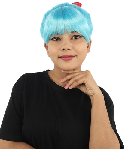 HPO Women's Spiral Ponytail Wig | Multicolor Options | High Updo with Red Ribbon Bow & Bangs, Heat Friendly Synthetic Fiber & Breathable Cap | Halloween, Christmas Event, Themed Party, Theater & Roleplay