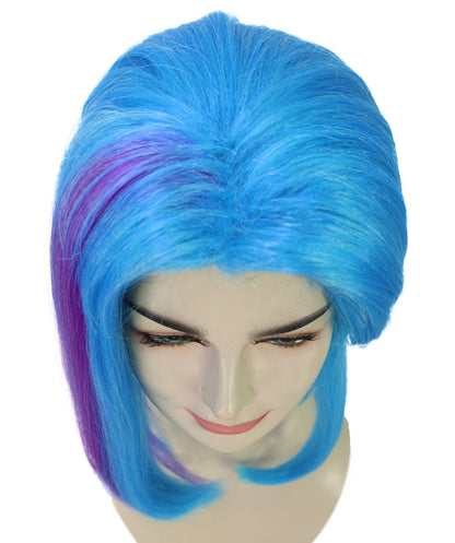 HPO Women’s Medium Ponytail Style Blue Wig with Purple Streaks | Halloween and Wig | Flame-retardant Synthetic Fiber