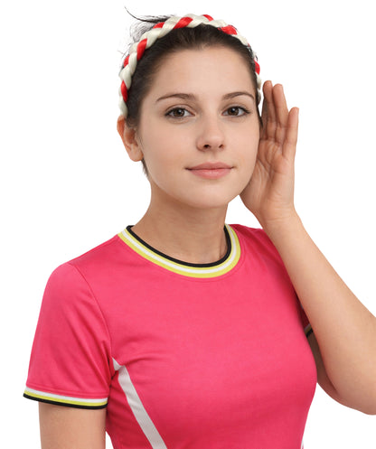HPO Women's International Braided Headband | Textured red and white synthetic fibers woven into a twisted headband with an elastic back | Ideal for party, Halloween, cosplay, theater, drag, performance, costume events