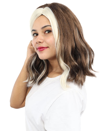 HPO Women’s Brown and White Bang Wig Front Streak | Mid-Length Executive Style | Ideal for Costume Parties, Cosplay, & Halloween Performances