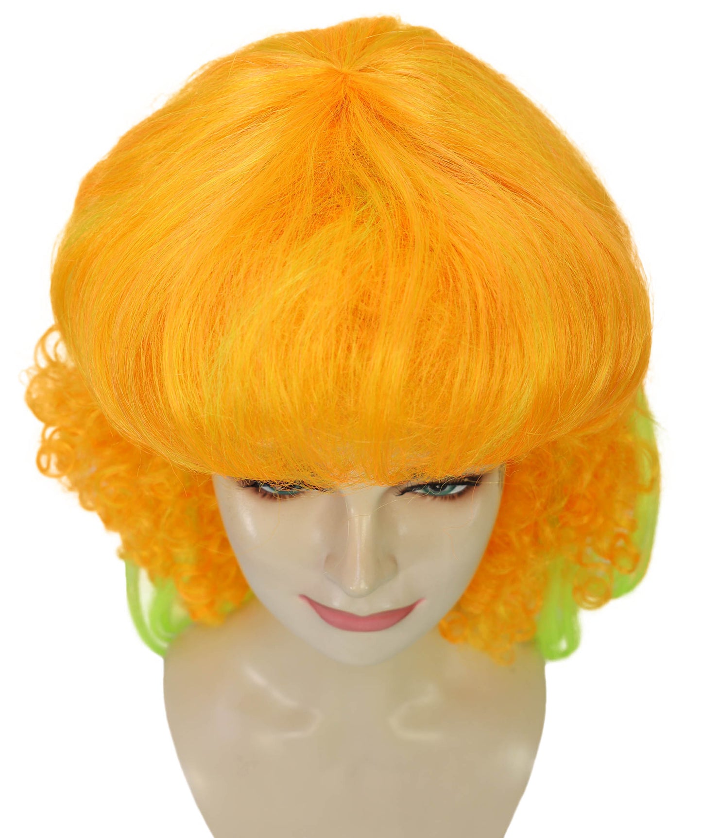 HPO Orange and Green Long Curly Wig for Women – Vibrant Gradient Party Wig with Bangs | Cosplay Fancy Dress Hairpiece for Halloween, Carnivals, Costume Events and Fun Nights