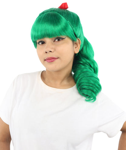 HPO Women's Spiral Ponytail Wig | Multicolor Options | High Updo with Red Ribbon Bow & Bangs, Heat Friendly Synthetic Fiber & Breathable Cap | Halloween, Christmas Event, Themed Party, Theater & Roleplay
