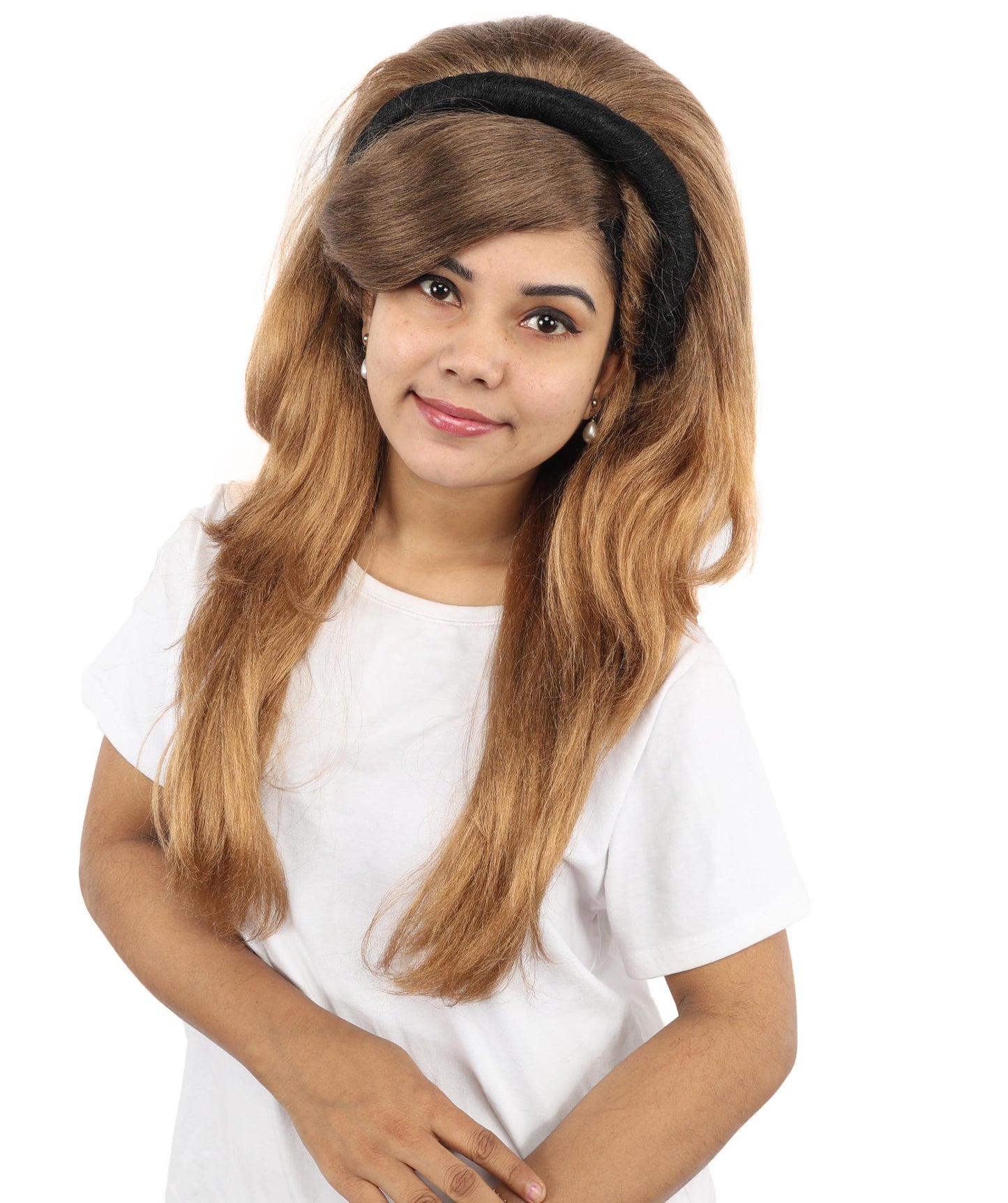 HPO Women's Retro Headband Long Multicolor Wig | 24 Inch Voluminous Honey Brown Swept Bangs | Party Halloween Cosplay Theater Pop Star Costume Events