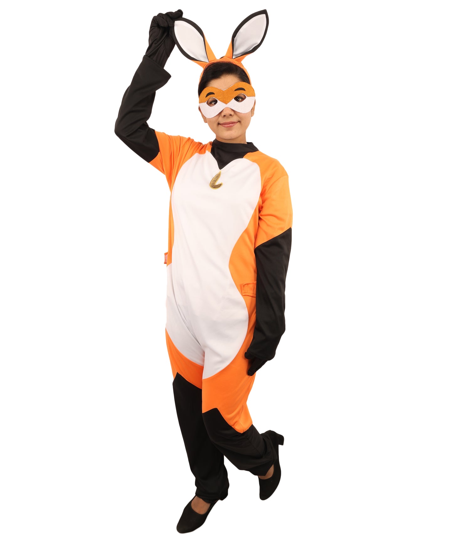 HPO Women's Clever Fox Heroine Costume | Orange White and Black Synthetic Febric Bodysuit with Attached Tail and Mask | Idal for Halloween, Cosplay, Drag, and Themed Events
