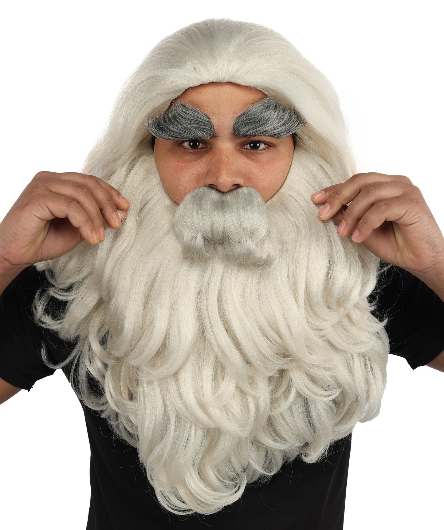 HPO Men's Long Prophet Grey Wig Mustache Beard & Eyebrow Set | Flame-Retardant Synthetic Fiber With Capless Cap | Ideal For Theater, Halloween And Cosplay