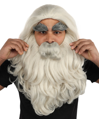 HPO Men's Long Prophet Grey Wig Mustache Beard & Eyebrow Set | Flame-Retardant Synthetic Fiber With Capless Cap | Ideal For Theater, Halloween And Cosplay