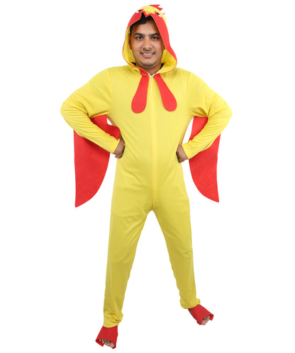 HPO Men’s Chicken Yellow & Red Costume – Soft Plush Feather One Piece Suit with Headpiece | Creature Outfit for Theme Nights & Parites