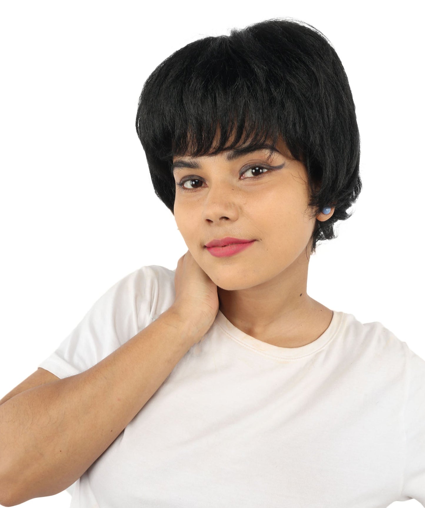 HPO Adult Women's Short Silver White Pixie Wig  | Edgy Layered Cut with Bangs | Synthetic Hair Wig for Stage Fashion, Cosplay, Halloween & Bold Party Looks
