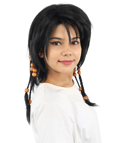 HPO Adult Women's Long Tribal Braided Wig | Multiple Color Options | Dark Shaggy Bob with Beaded Strands, Synthetic Fiber & Breathable Cap | Halloween, Sci-Fi Roleplay, Fantasy Costume