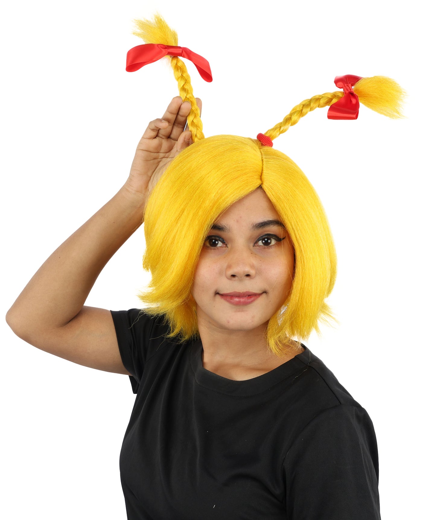 HPO Women's Triple Antenna Bow Wig | Yellow synthetic fibers with structural upright braids red ribbons and capless base | Essential for theatrical stage drag performance costume events and party