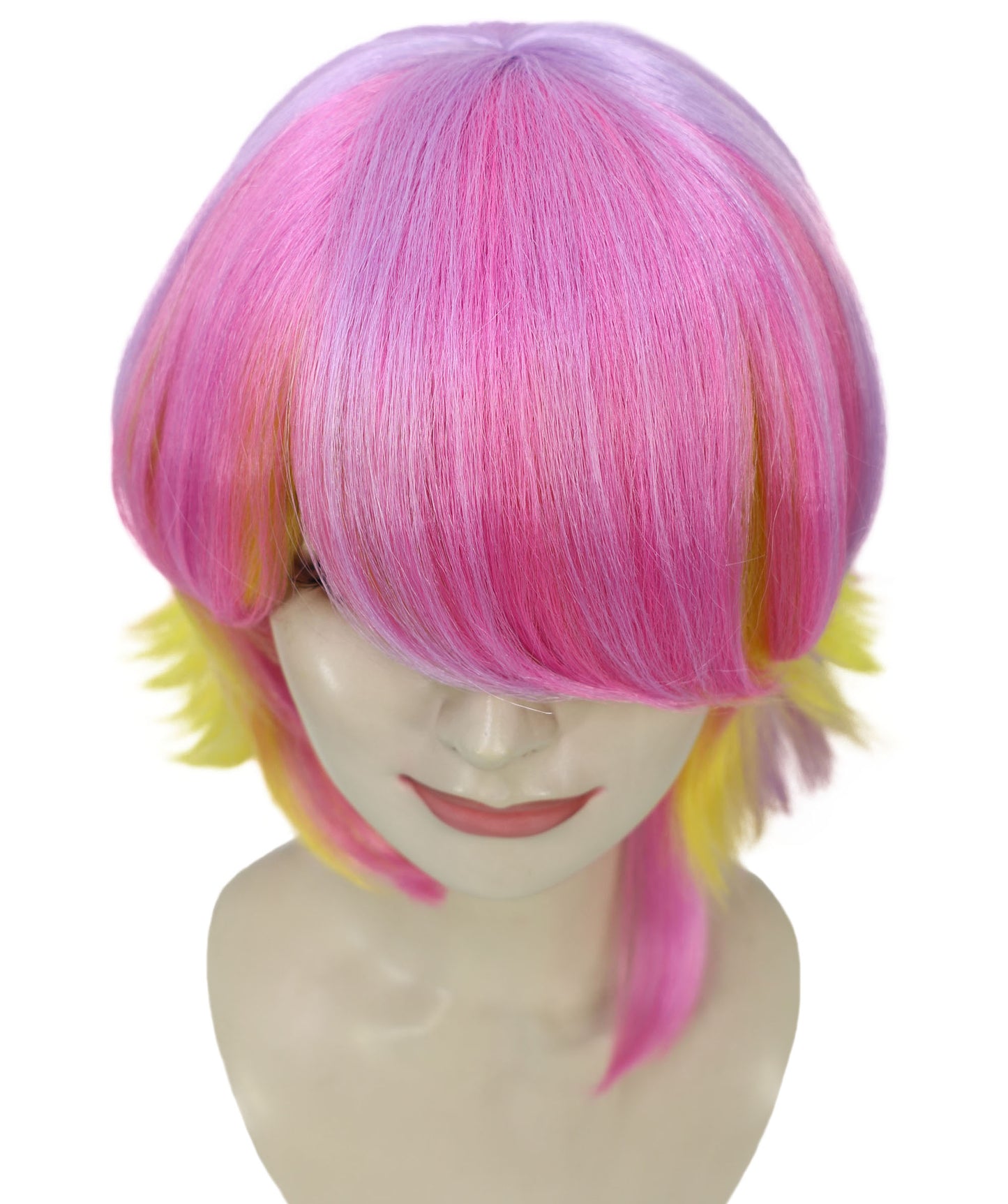 HPO Adult Women’s Pastel Pink and Yellow Gradient Short Layered Bob Cut Wig | Flame-retardant Synthetic Fiber | Flipped Ends Wig for Halloween and Cosplay