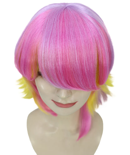 HPO Adult Women’s Pastel Pink and Yellow Gradient Short Layered Bob Cut Wig | Flame-retardant Synthetic Fiber | Flipped Ends Wig for Halloween and Cosplay