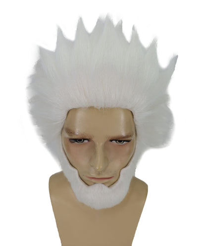HPO Men’s 11-Inch White Spiky Wig with Beard Set |  Ideal for Cosplay, and Themed Events | Bold Style for Fun and Creative Looks
