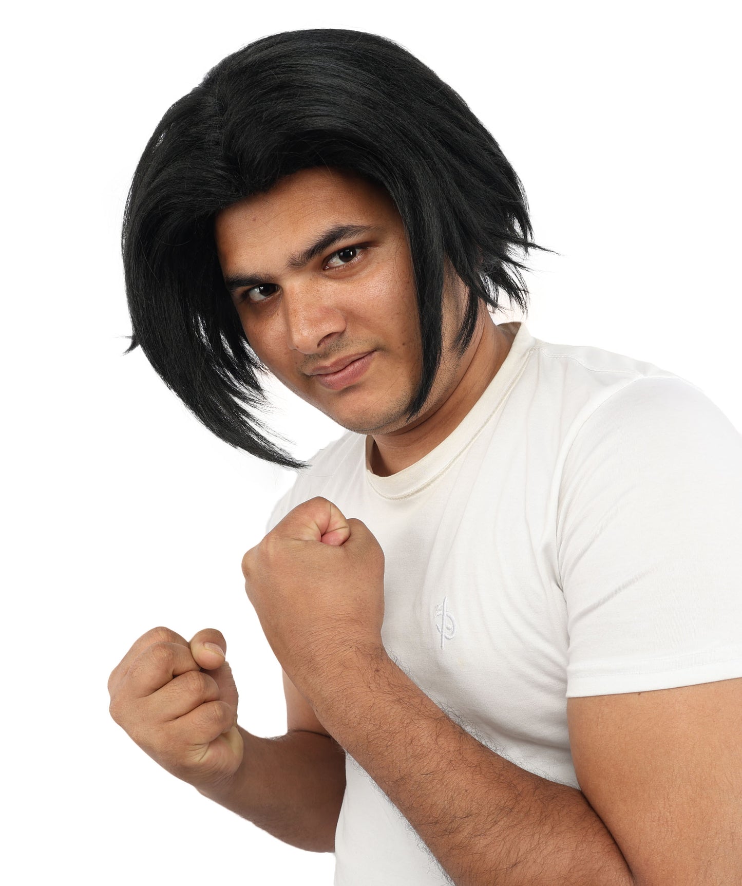 HPO Men's Two Tone Black & White Layered Anime Hair | Frosted Tips Messy Style, Natural Matte Finish, Adjustable Interior Net & Durable Strands | Carnival, Dress Up, Fantasy Conventions, Theater & Photo Shoots