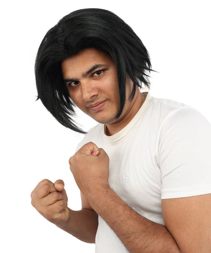HPO Men's Two Tone Black & White Layered Anime Hair | Frosted Tips Messy Style, Natural Matte Finish, Adjustable Interior Net & Durable Strands | Carnival, Dress Up, Fantasy Conventions, Theater & Photo Shoots