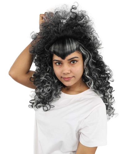 HPO Women's Vampire Mistress Curly Wig | Long Layered Black Hair with White Highlights and Teased Roots | Classic Horror Cosplay and Theme Parties