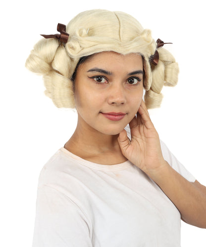 HPO Women's Golden White Mixed Curly Pigtail Wig | Messy Ringlet Twin Tails with Attached Fabric Ribbons, Synthetic Fiber & Breathable Cap | Halloween, Movie Character Roleplay, Costume Party & Theater