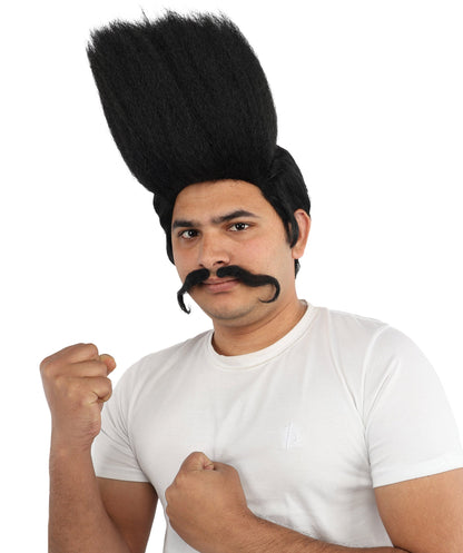 HPO Adult Men's Tall Flat Top Wig and Mustache | Vertical Dark Pompadour with Long Handlebar Facial Hair, Synthetic Fiber & Breathable Net | Halloween, Carnival, Stage Performance & Roleplay