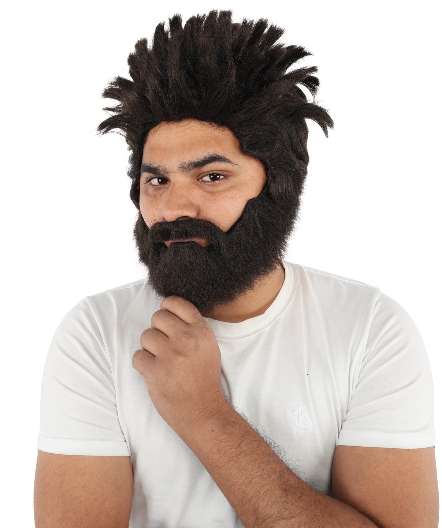 HPO Men’s Animated Genius Spiky Wig Beard & Mustache Set  – Wild Mad Scientist Pointed Beard & Curled Mustache Combo | Ideal for Animated Cosplay, Halloween Parties & Events