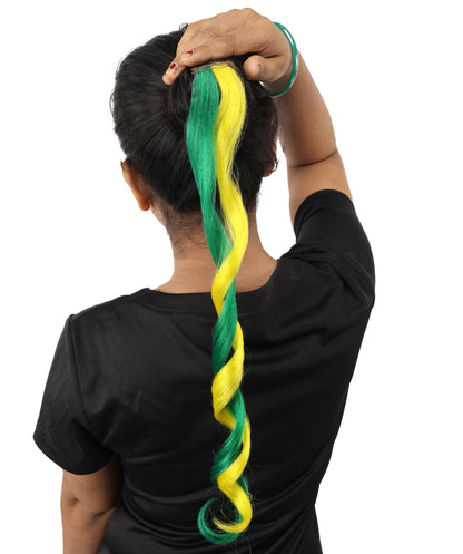 HPO Women's Brazil Flag Hair Extension | Coiled green and yellow synthetic fibers featuring a twisted attachment design | Ideal for party, Halloween, cosplay, theater, drag, performance, costume events