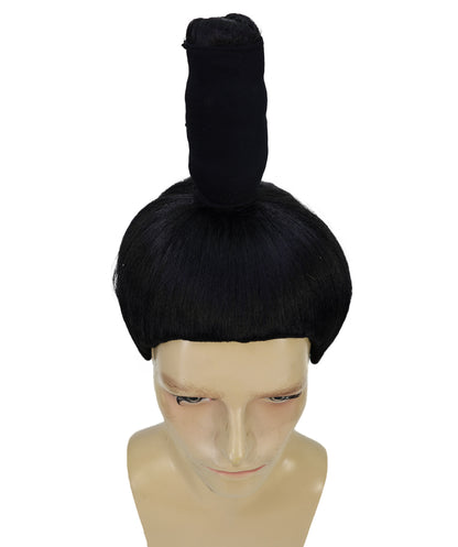 HPO Adult Mens's Sumo Wrestler Wig | Asian Japanese Warrior Gothic Hairpiece | Traditional Topknot Bun Synthetic Wig | Halloween Cosplay Accessory
